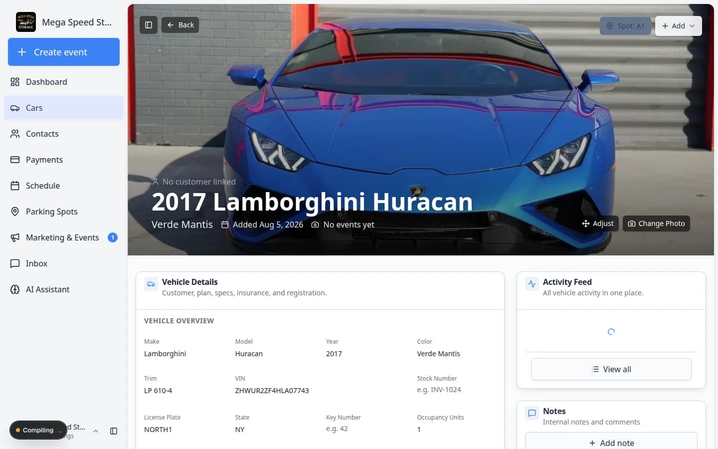 Car detail page banner showing Zone Outdoor Lot button and Add menu at the top right