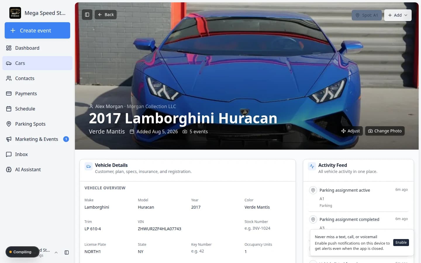 Car detail page with Activity Feed and Notes