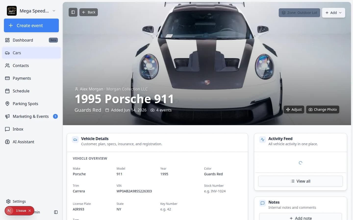 Car detail page showing Activity Feed with event rows and Notes section below