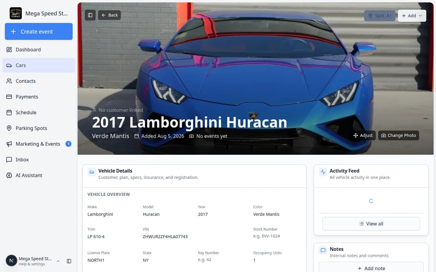 Car detail page for a Porsche 911 with Vehicle Details on the left and Activity Feed on the right