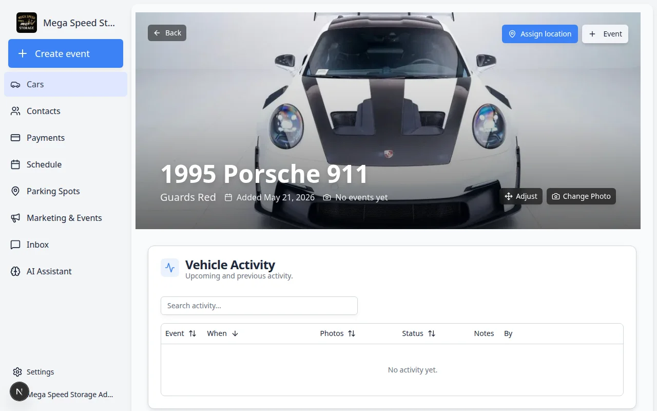 Vehicle Details section showing fields for make, model, year, color, VIN, plate, customer, and service plans