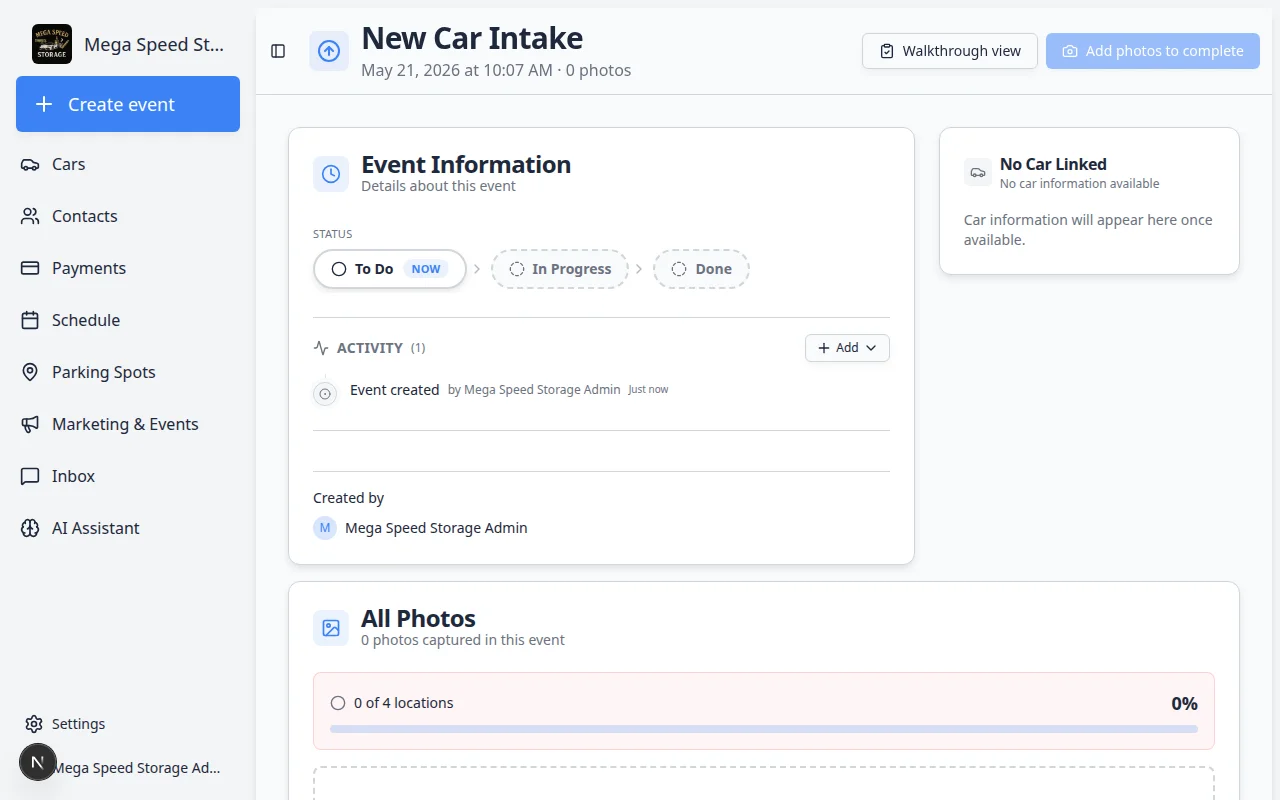 Session detail page for a vehicle event showing workflow progress and options to continue the walkthrough