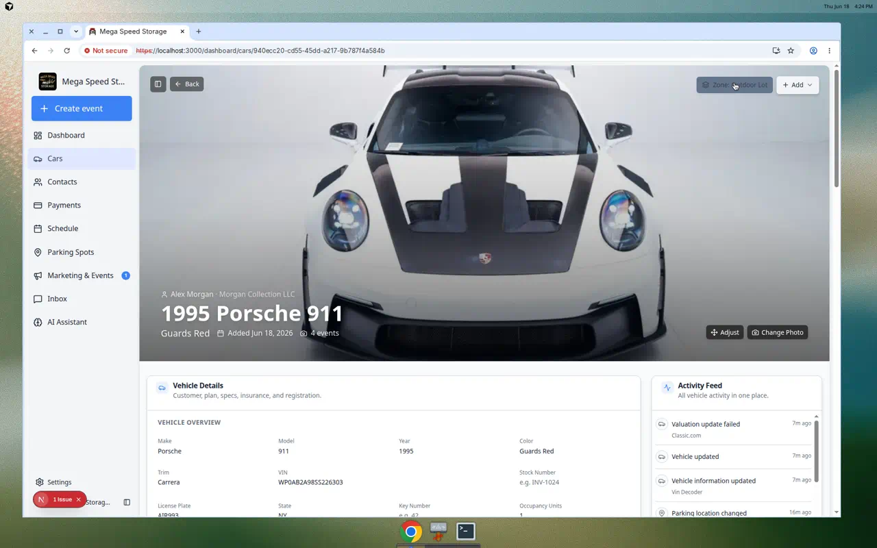 Activity Feed on a car detail page showing scheduled, in progress, and completed events