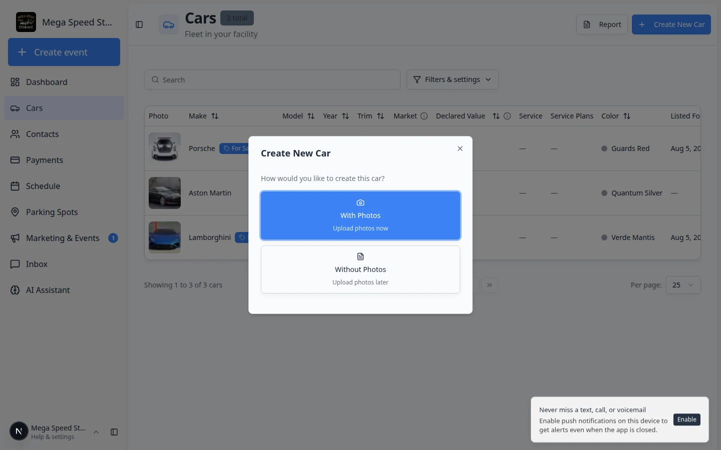 Create Car dialog showing VIN with Autofill Info, Stock Number, Make, Model, and Year fields