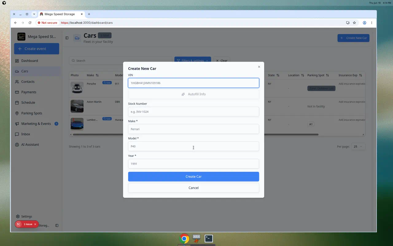 Create Car dialog showing VIN field with Autofill Info link plus Make, Model, and Year fields