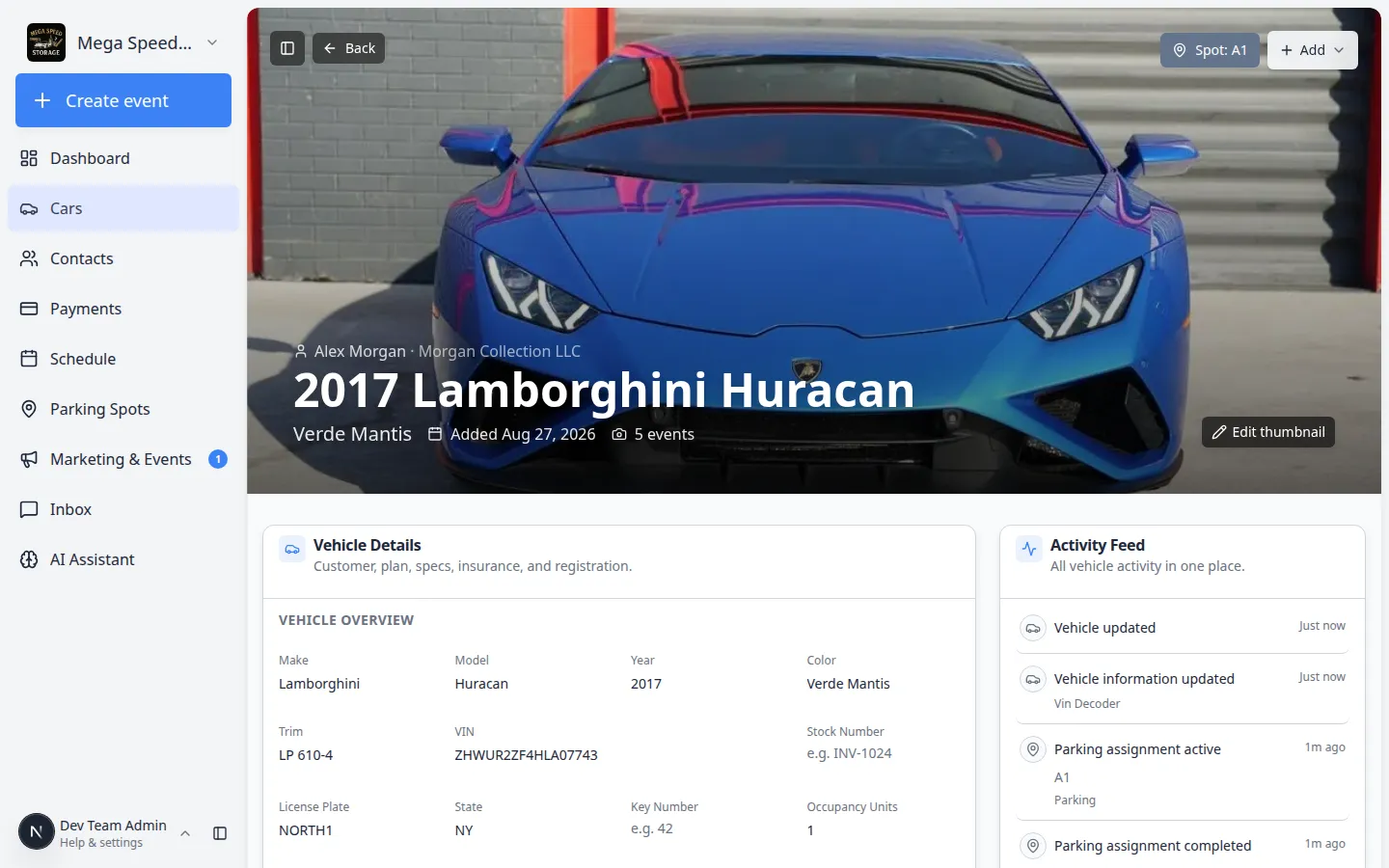 Add menu on a car detail page showing Quick photo, Quick task, Upload document, and other options