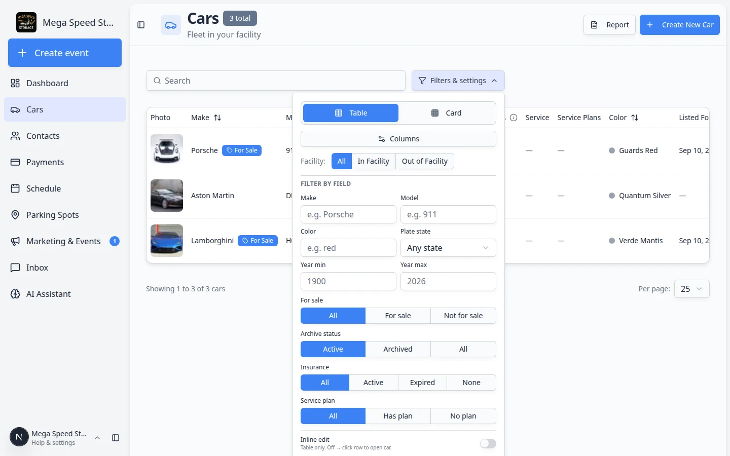 Filters and Settings panel on the Cars page showing Archive status buttons for Active, Archived, and All