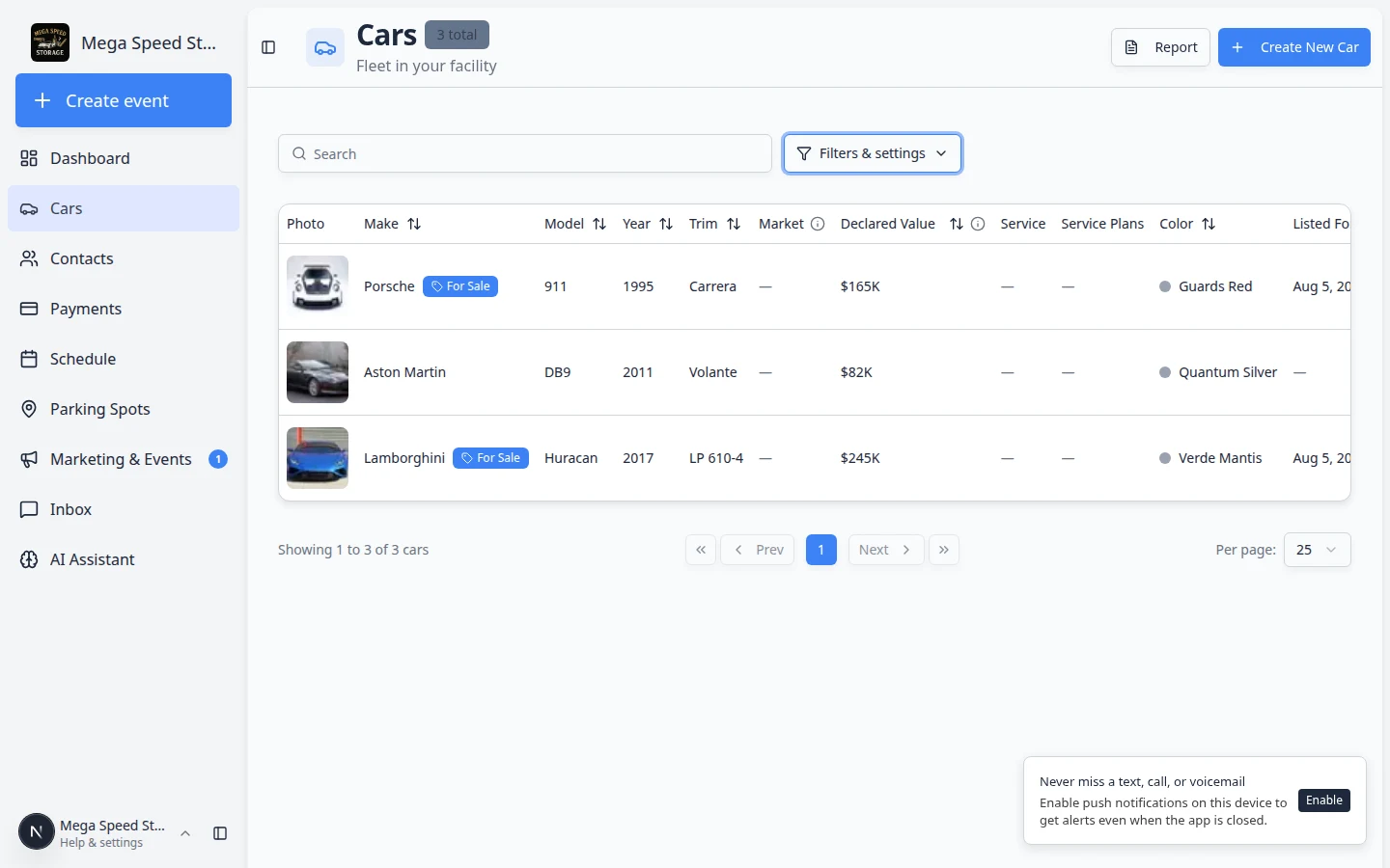 Cars page in card view showing vehicle cards with photos, make, model, year, and customer information