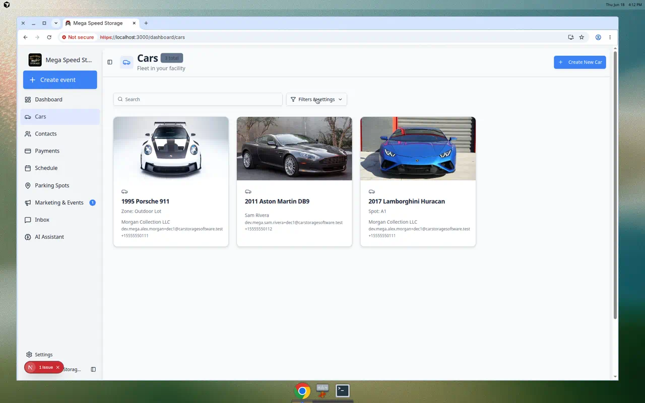 Cars page in card view showing vehicle cards with photos, make, model, year, and customer information