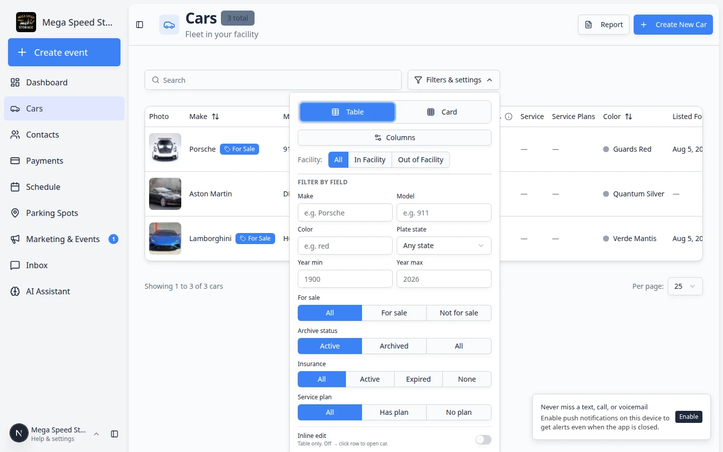 Filters and Settings panel on the Cars page showing Table, Card, Columns, facility, field filters, inline edit, and tags