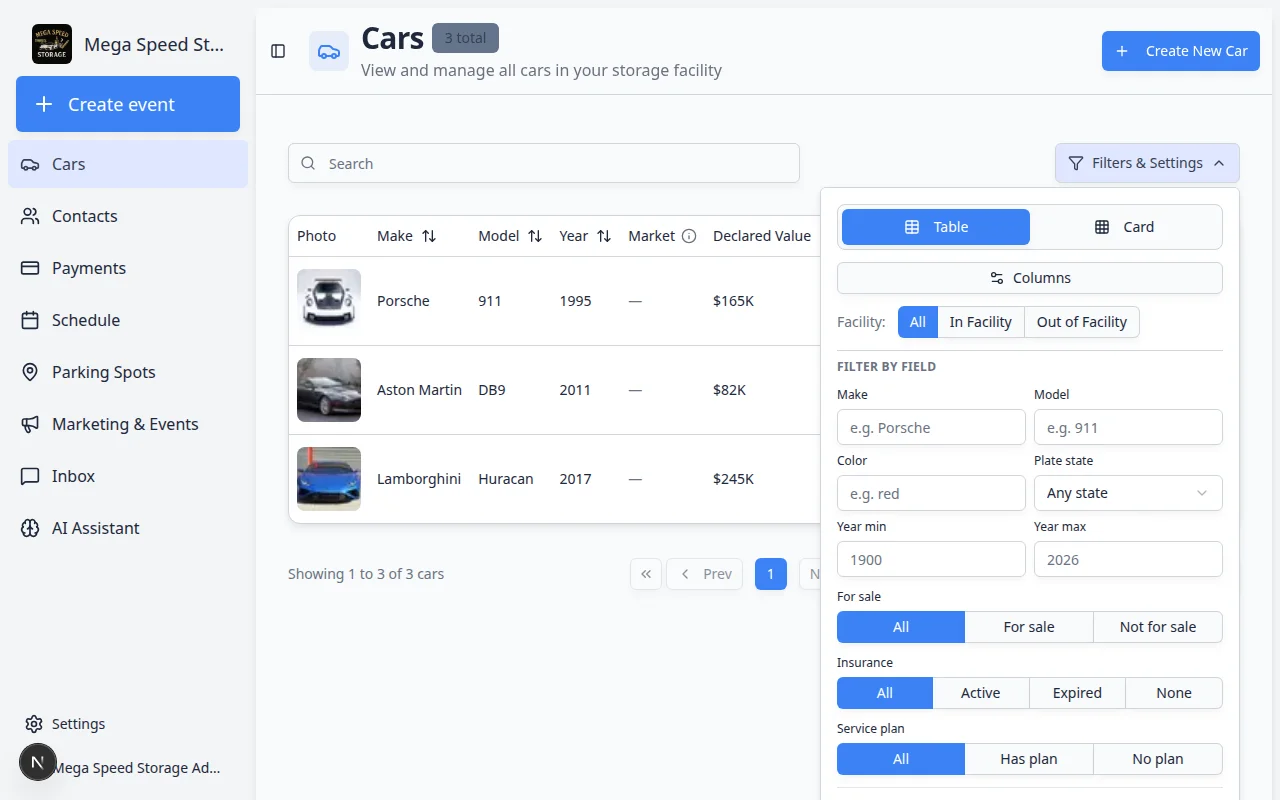 Filters and Settings panel on the Cars page showing Table, Card, Columns, facility, field filters, inline edit, and tags