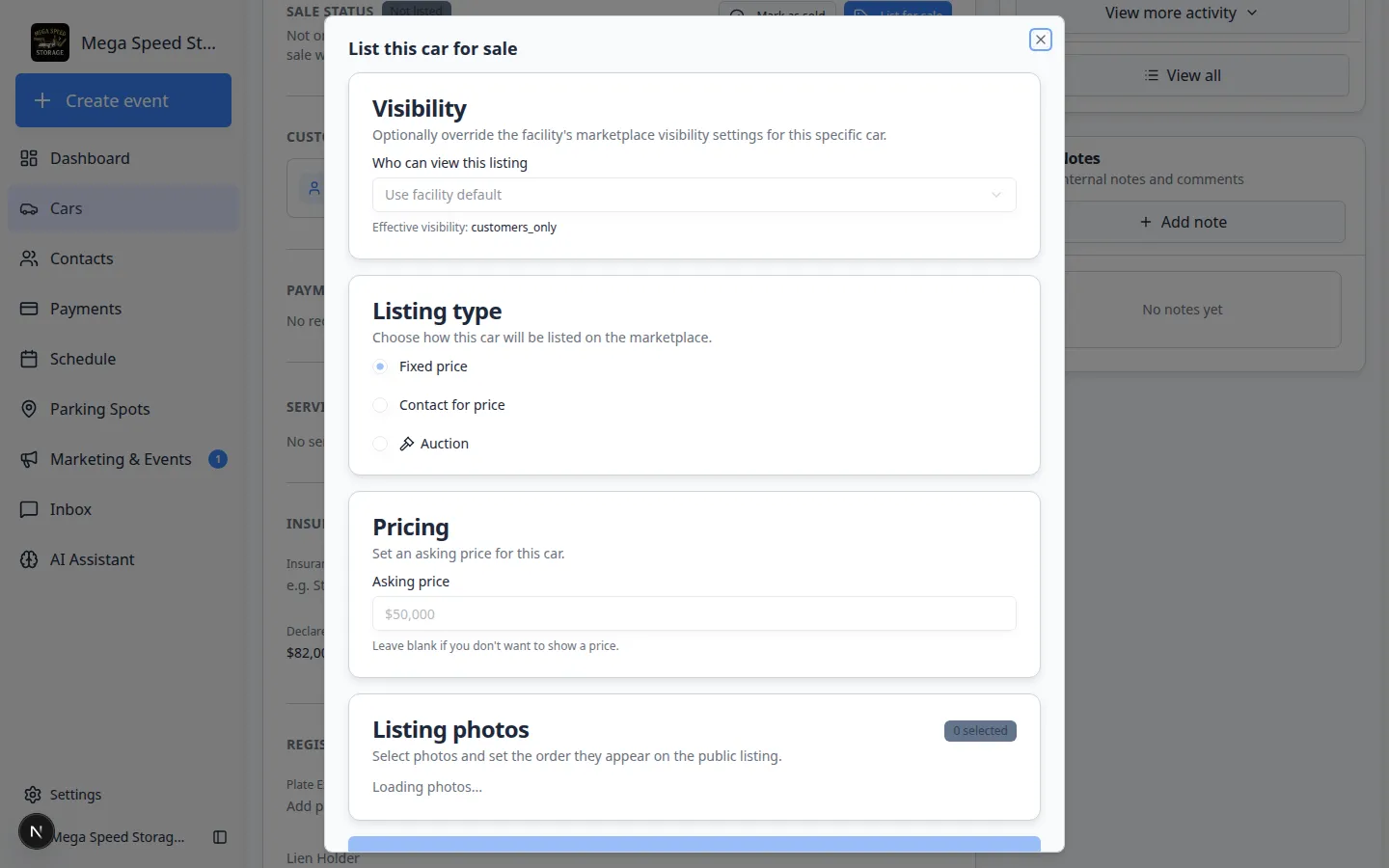For sale listing editor on a car record showing price field and publish options