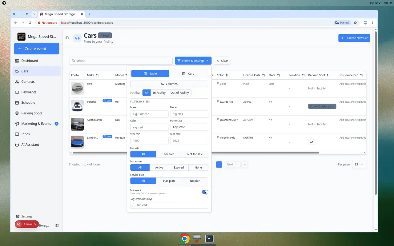 Filters and Settings panel on the Cars page with the Inline edit toggle turned on