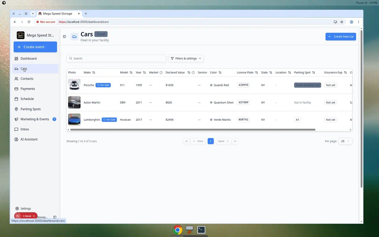 Cars list in table view showing columns for make, model, year, declared value, color, plate, location, and customer