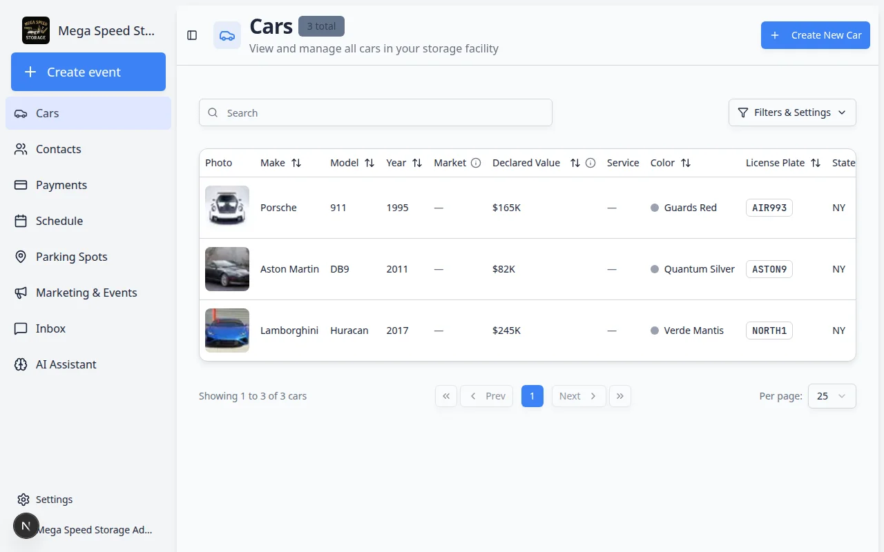Cars section in the dashboard sidebar showing the vehicle list with columns for make, model, year, and more