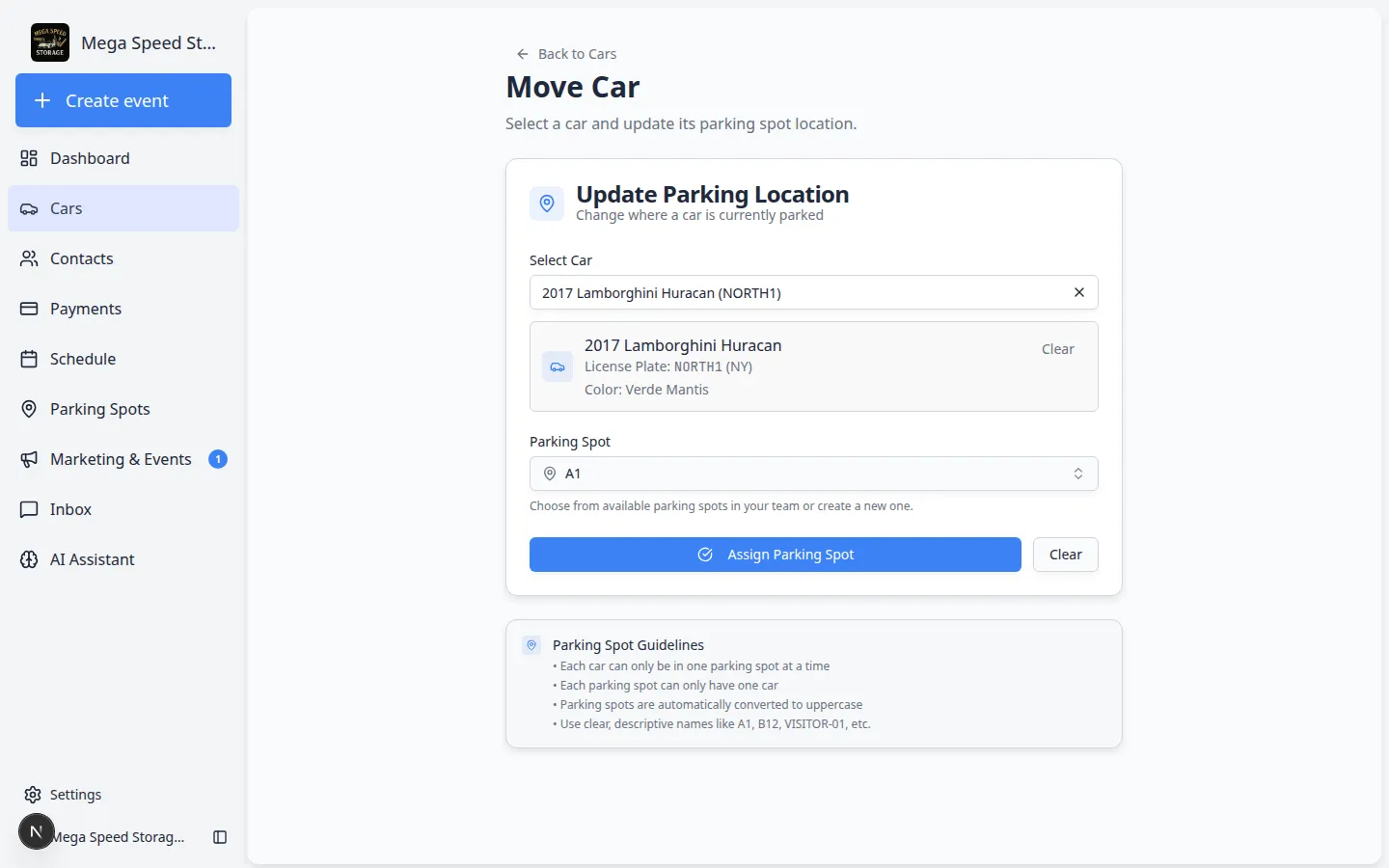 Move Car page showing Select Car search field, parking spot picker, and Move Car button with a Lamborghini Huracan already selected