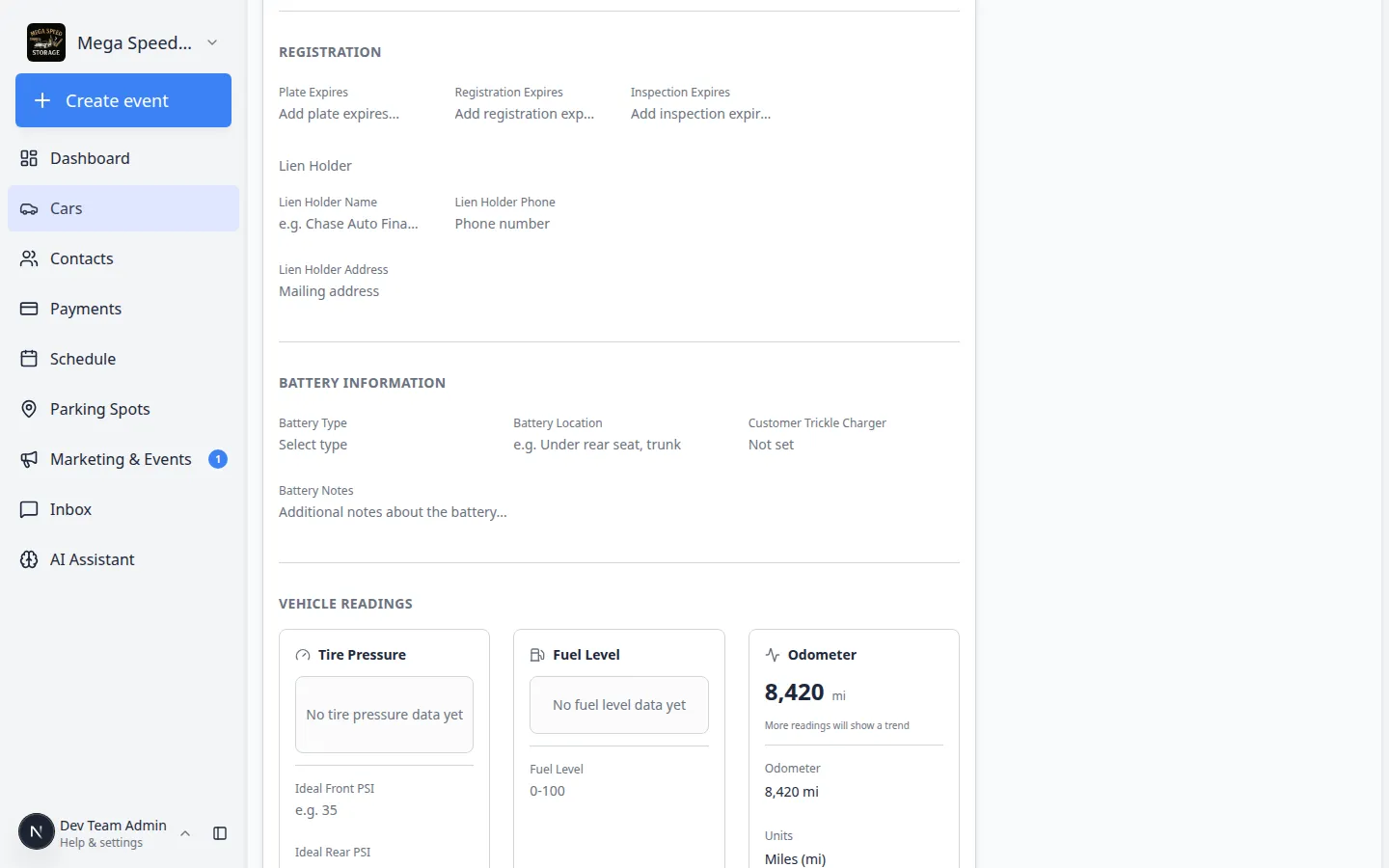 Payments section on a car detail page showing Recurring plan badge and a dropdown to link a subscription