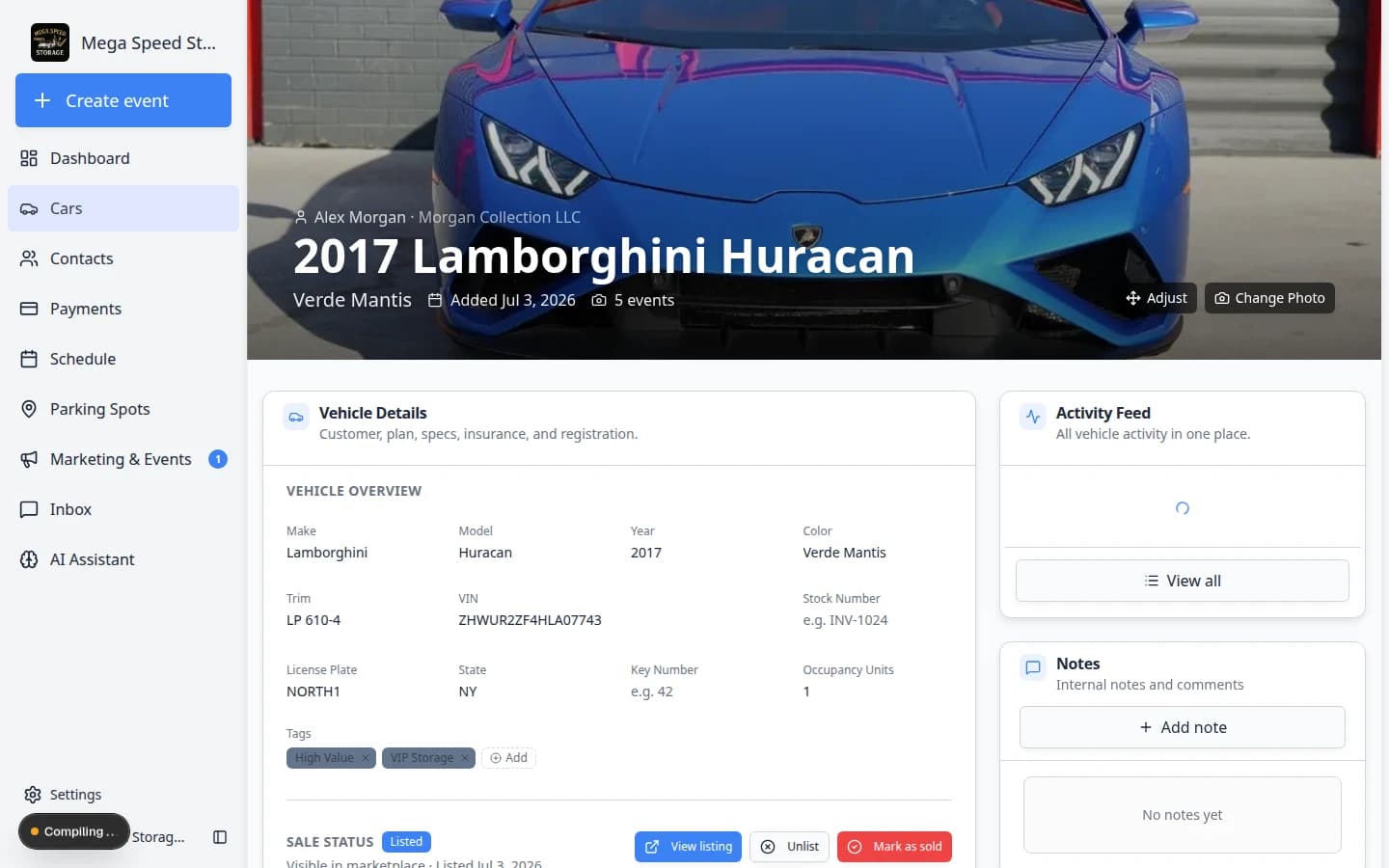 Registration section showing plate expiration, registration expiration, inspection date, and lien holder name and phone