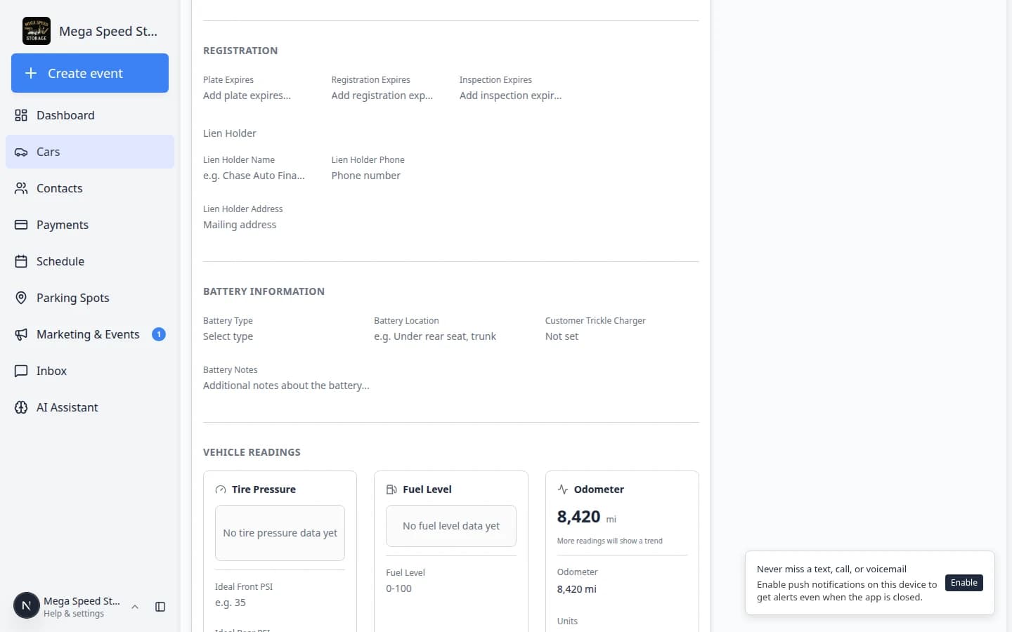 Service Plans section on a car record showing assigned plans or No service plans assigned with Edit button