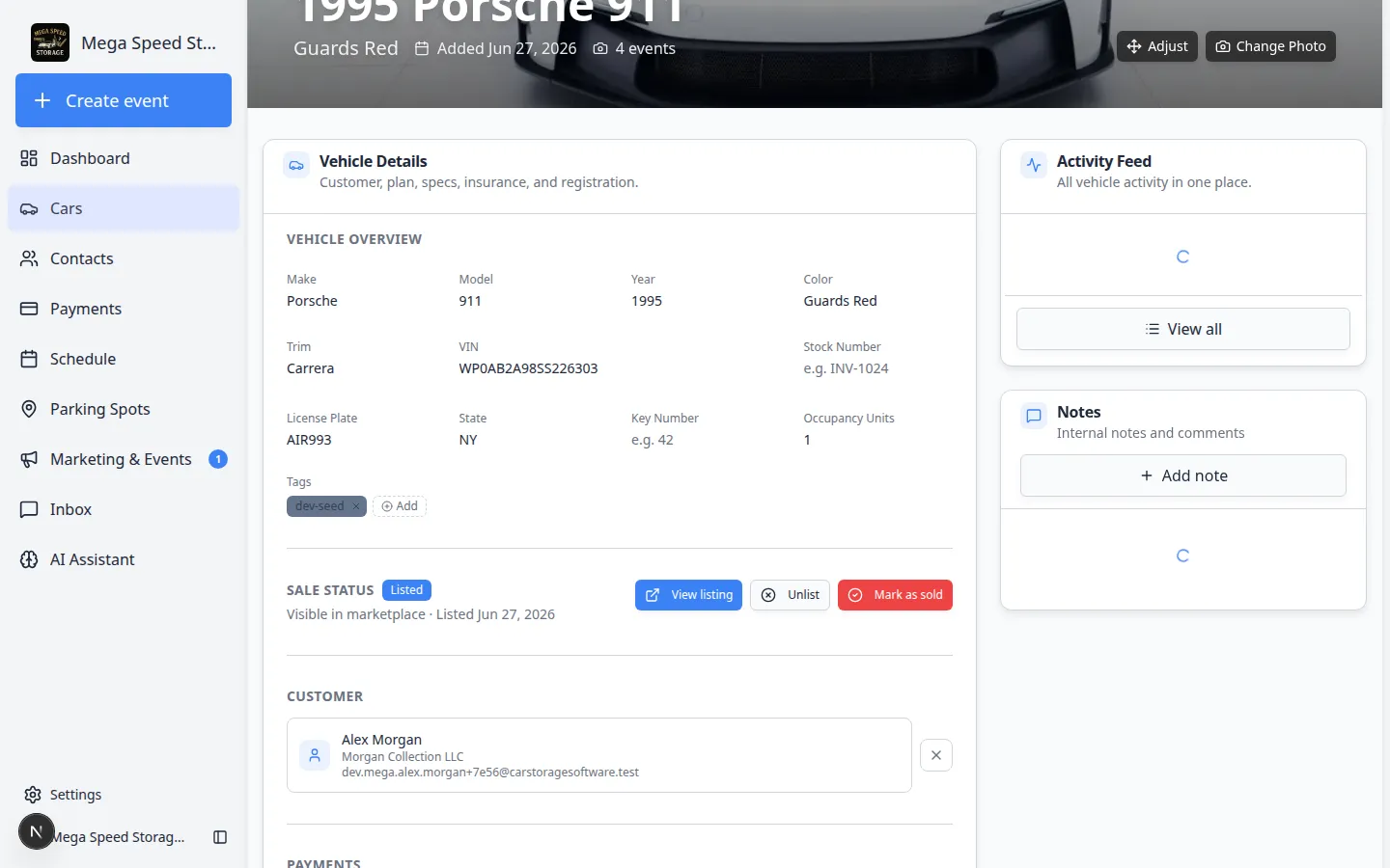 Activity Feed on a car detail page showing completed dealer service events with checkmarks