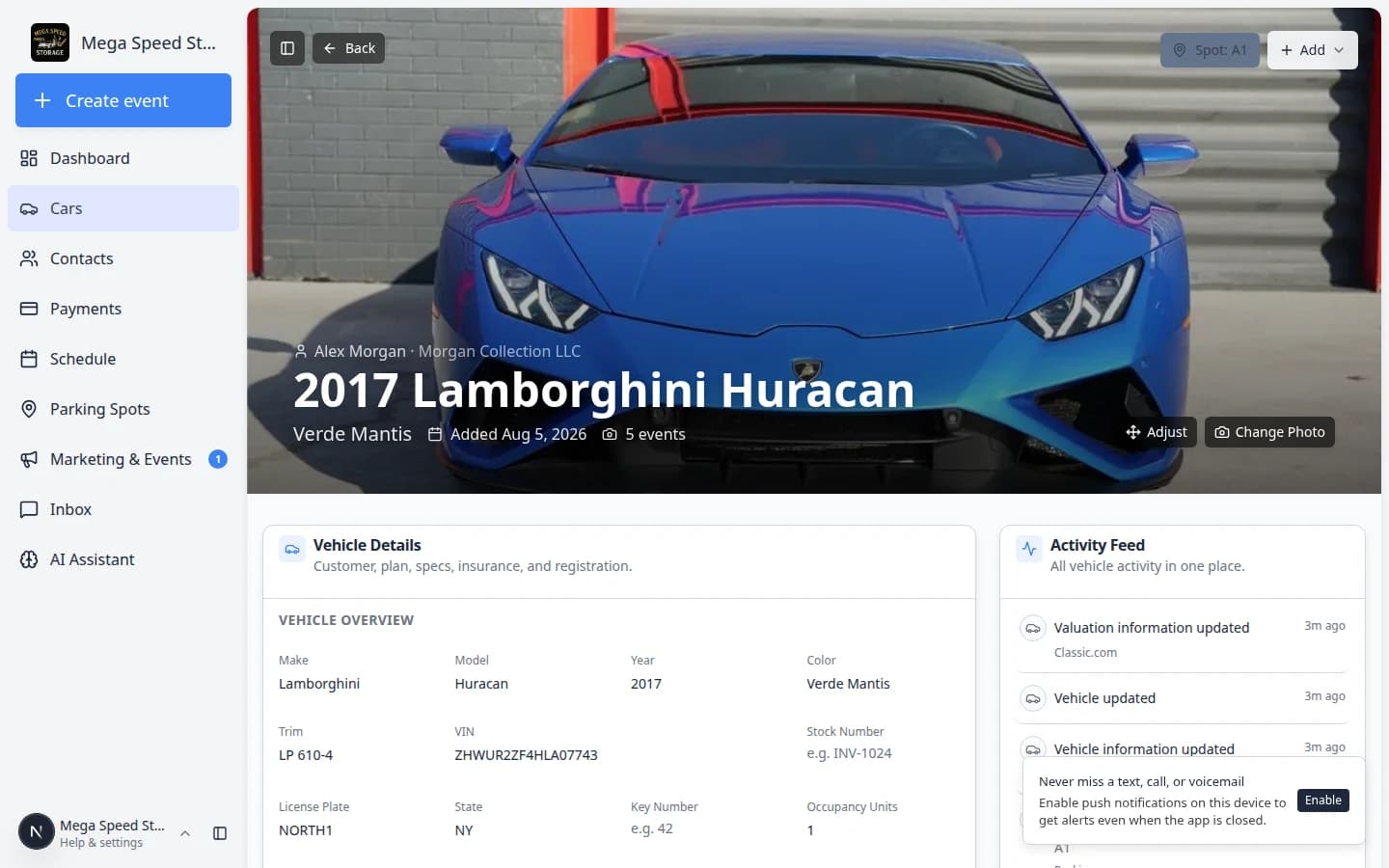 Tags field in Vehicle Overview showing an existing tag and Add button