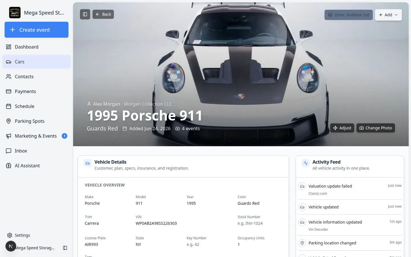 Add New Document dialog on a car record showing Contract and General Document options