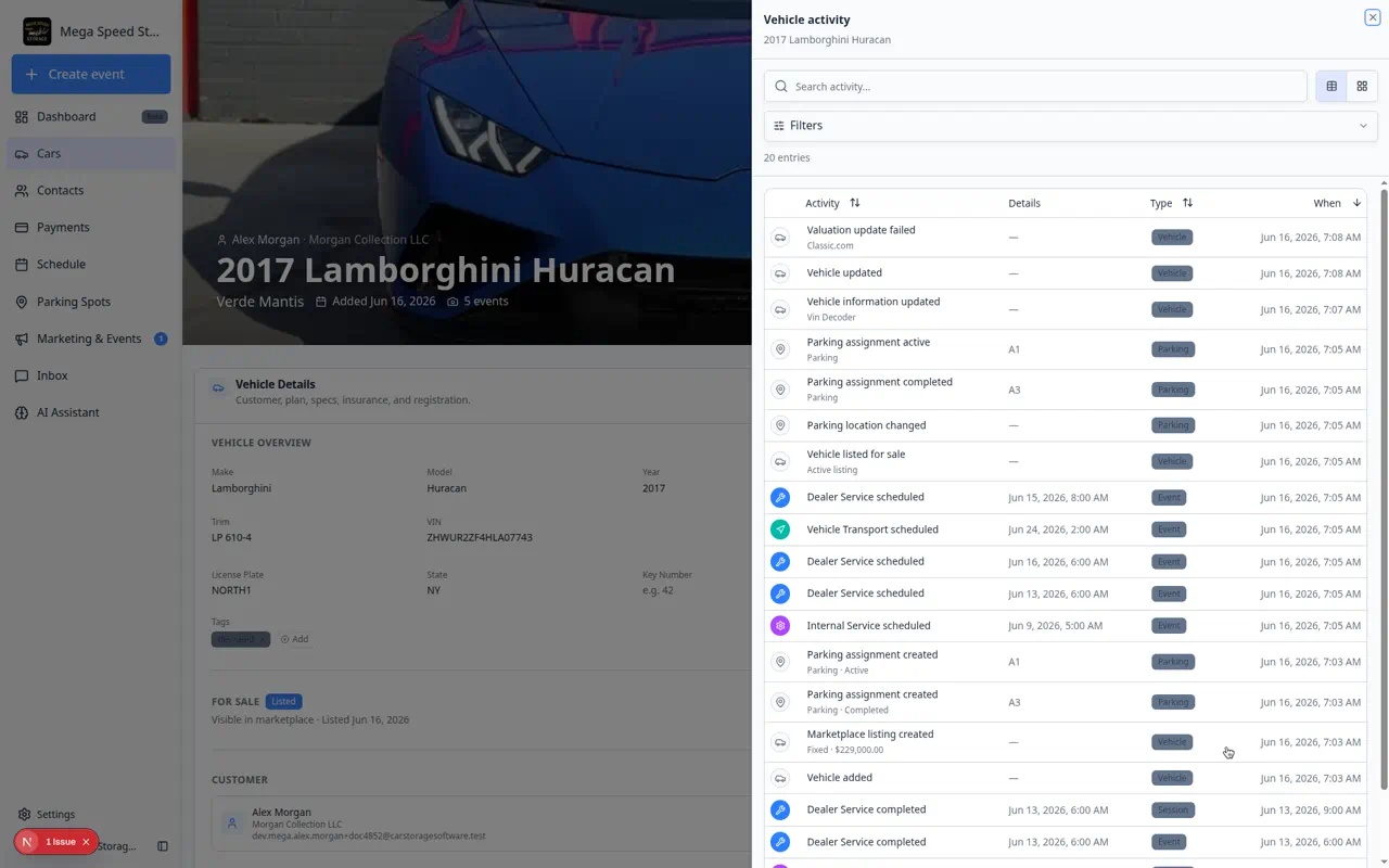 View all activity panel showing a searchable list of every event and change on a car record