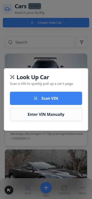 Mobile VIN lookup screen showing Look Up Car title and instructions to scan a VIN barcode