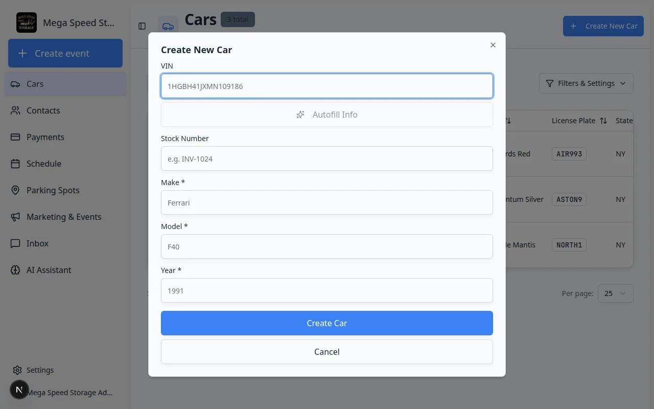 Create car form with fields for VIN, Stock Number, Make, Model, and Year
