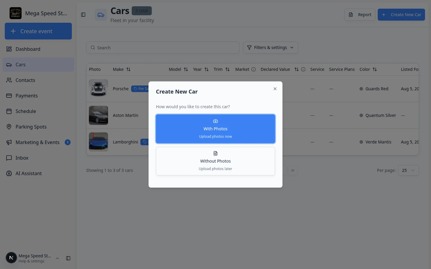 Create New Car dialog showing two options: With Photos and Without Photos