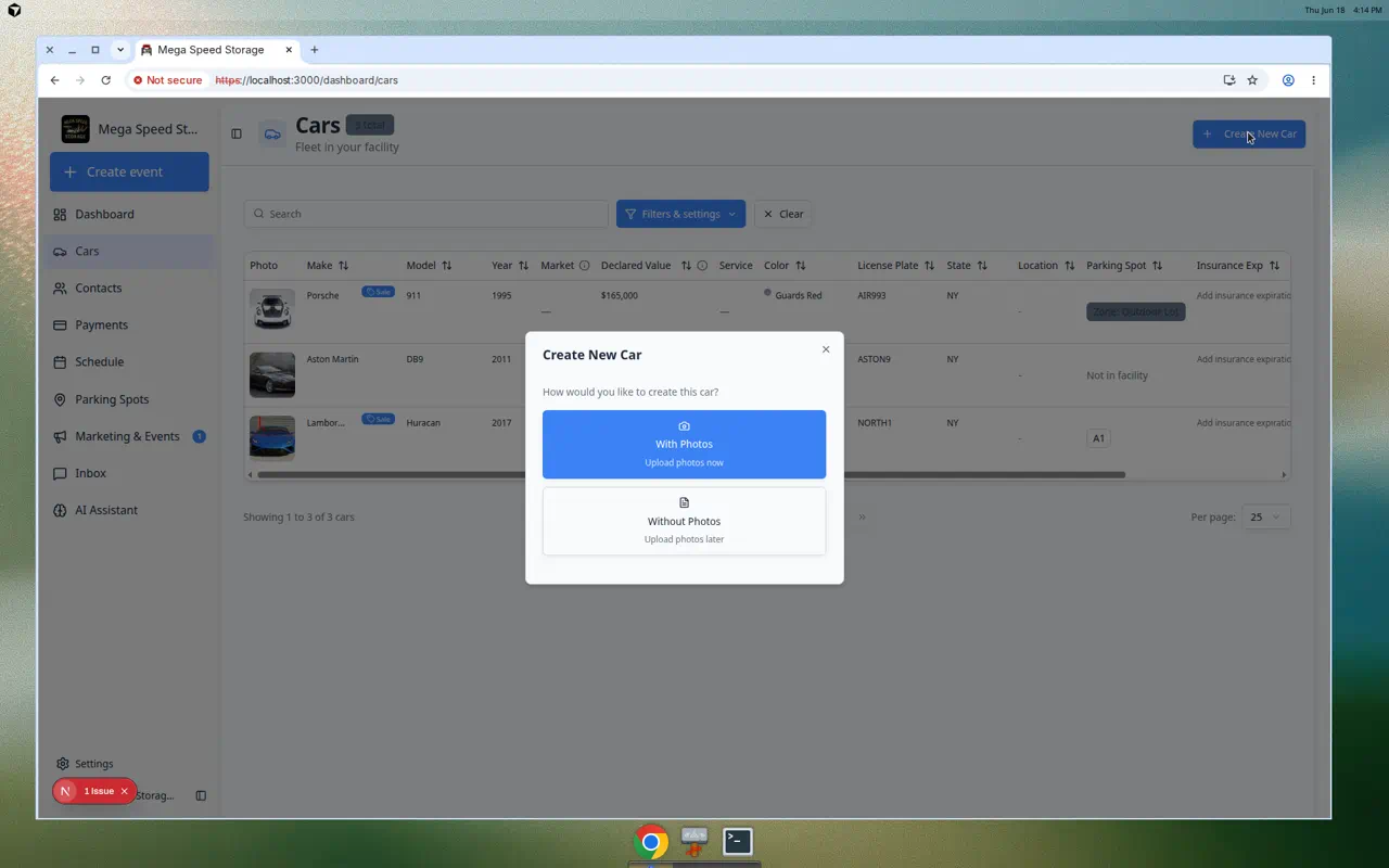 Create New Car dialog showing two options: With Photos and Without Photos