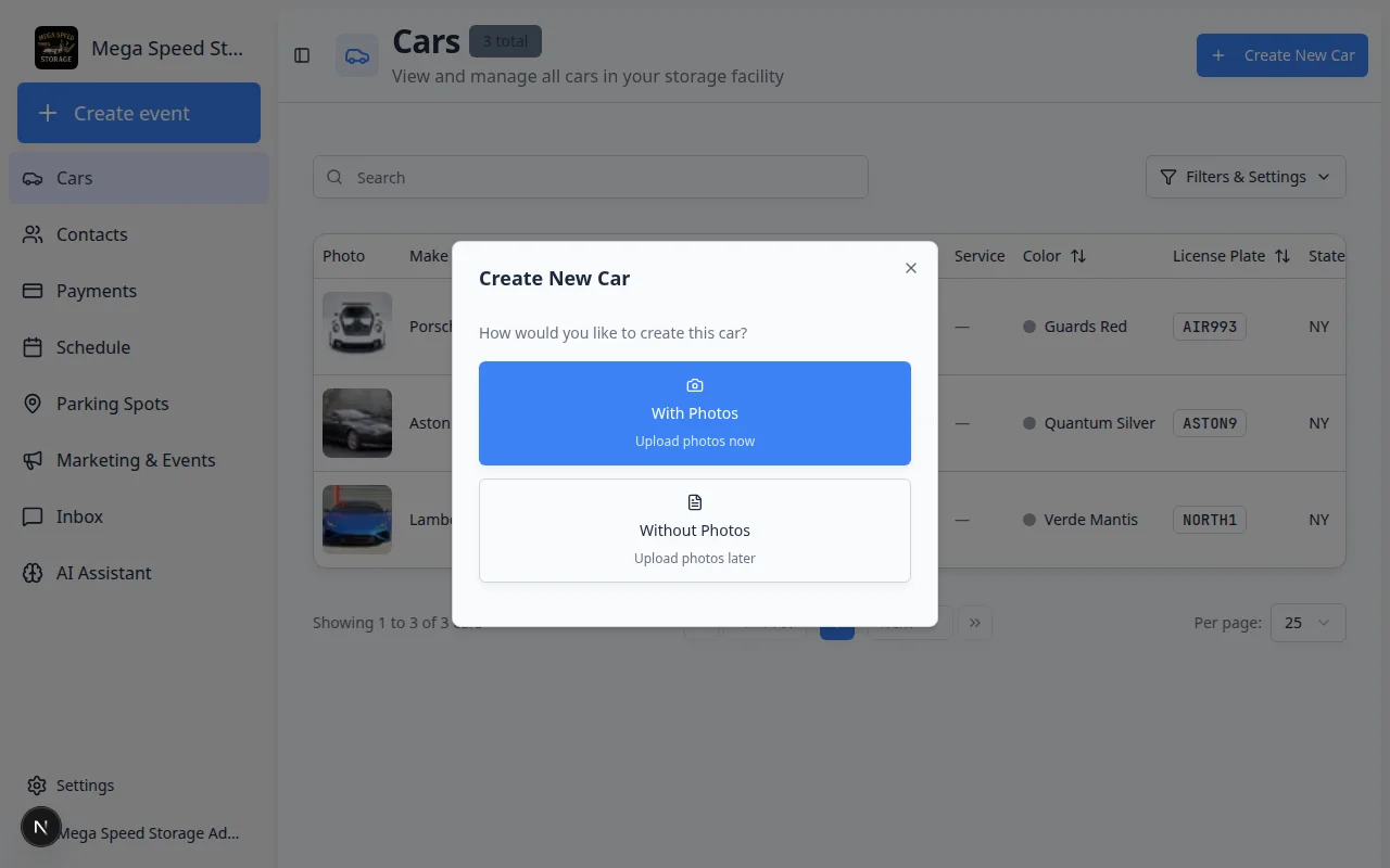 Create New Car dialog showing two options: With Photos and Without Photos