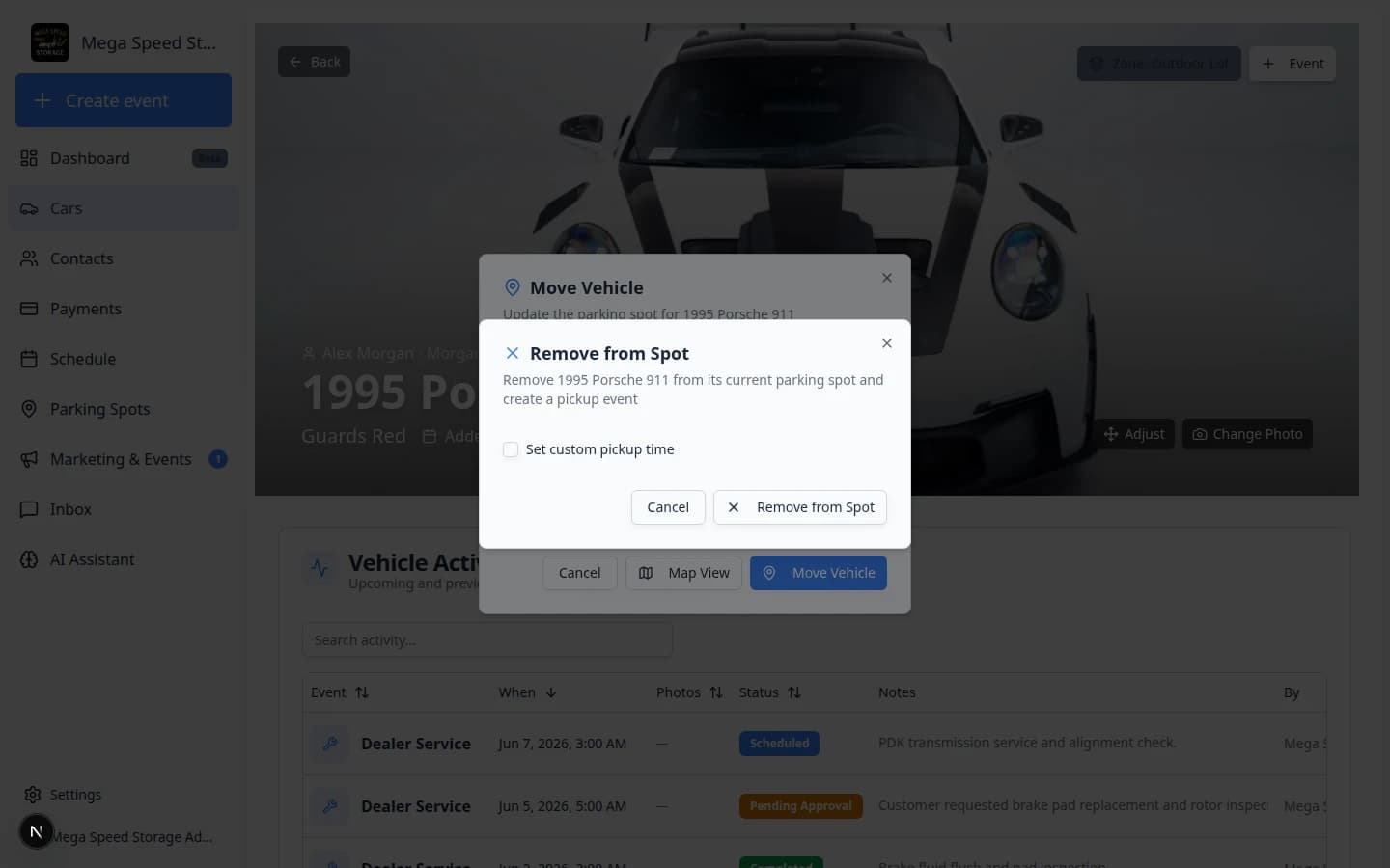 Remove from Spot confirmation window explaining that the vehicle will leave its parking assignment