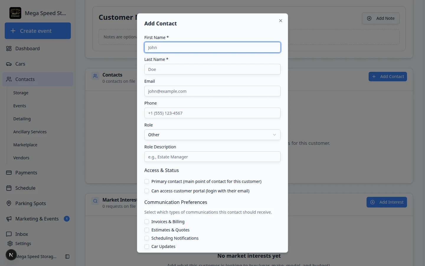 Add Contact dialog showing name, email, phone, role, portal access, and communication preference fields