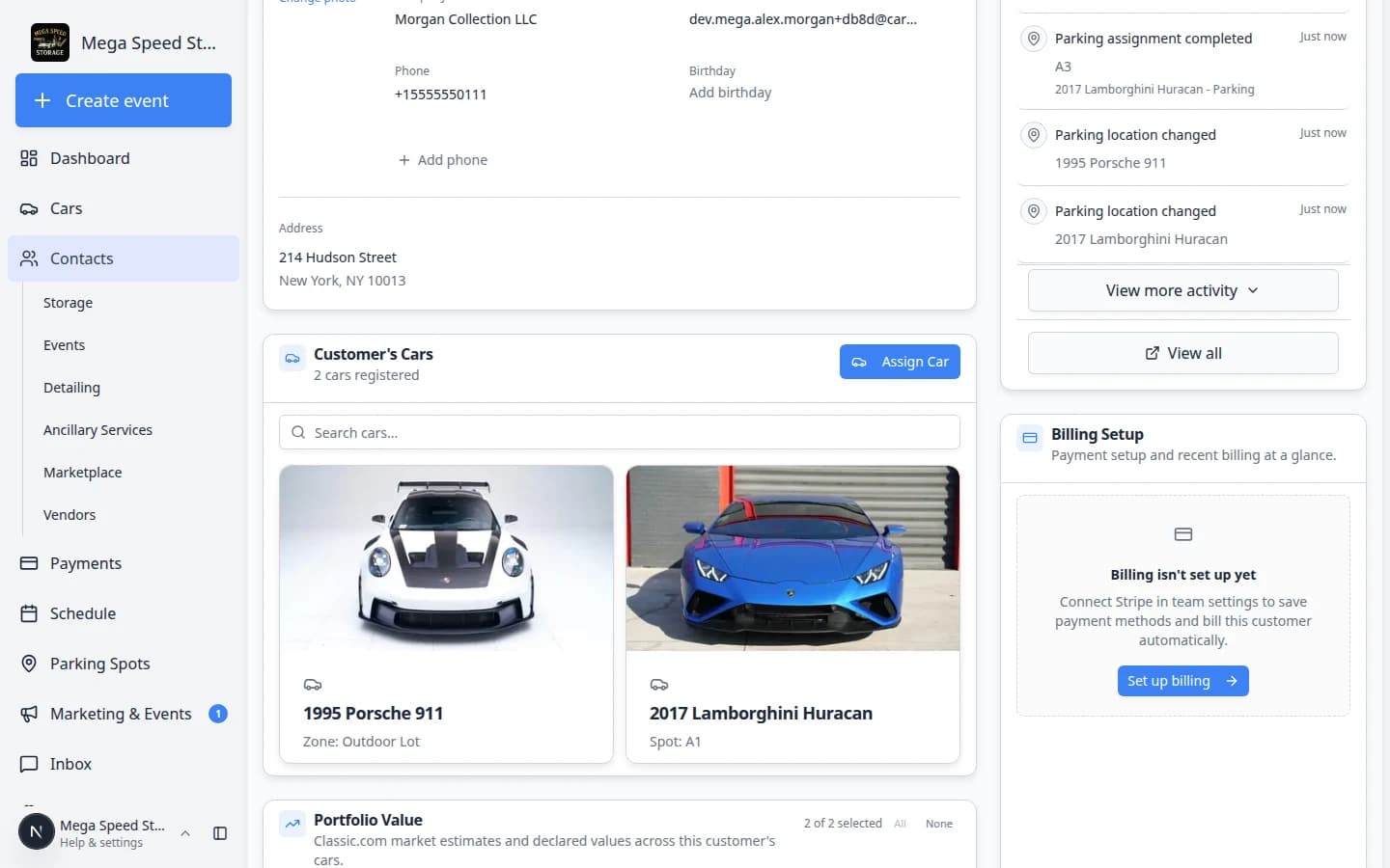 Billing Setup section on a customer detail page showing payment processing status and Add to Stripe button