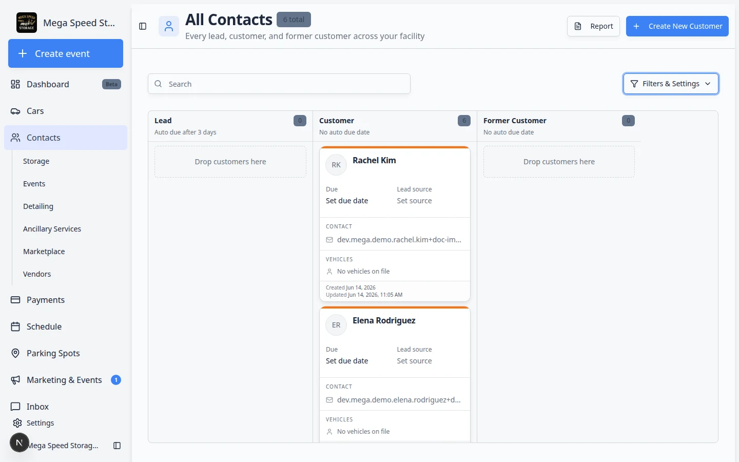 Contacts Board view with customers grouped in columns by CRM pipeline stage