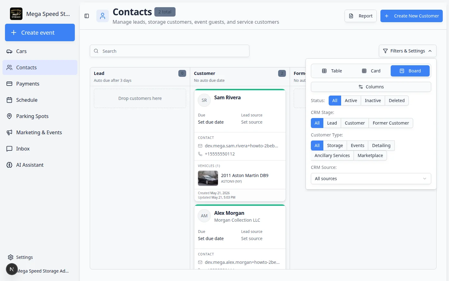 Contacts board view showing customers grouped by CRM stage