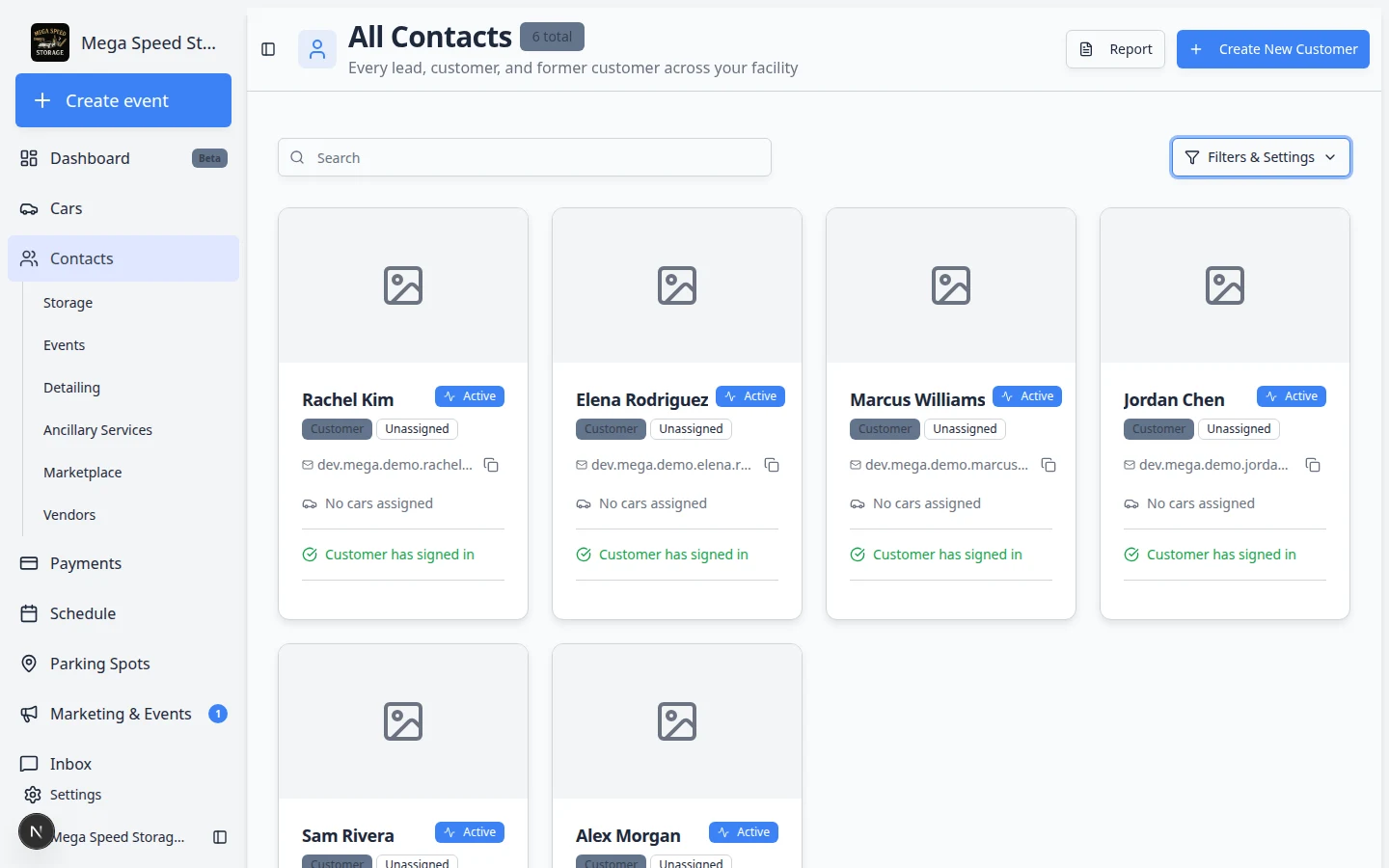 Contacts page in Card view showing customer cards in a grid with names, emails, and CRM details
