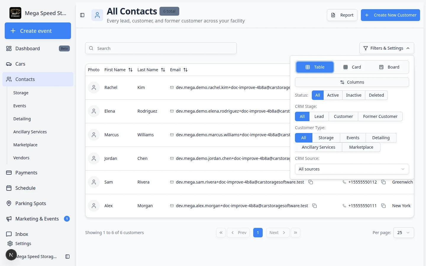 Filters and Settings panel on Contacts showing Table, Card, and Board view buttons plus status and CRM filters