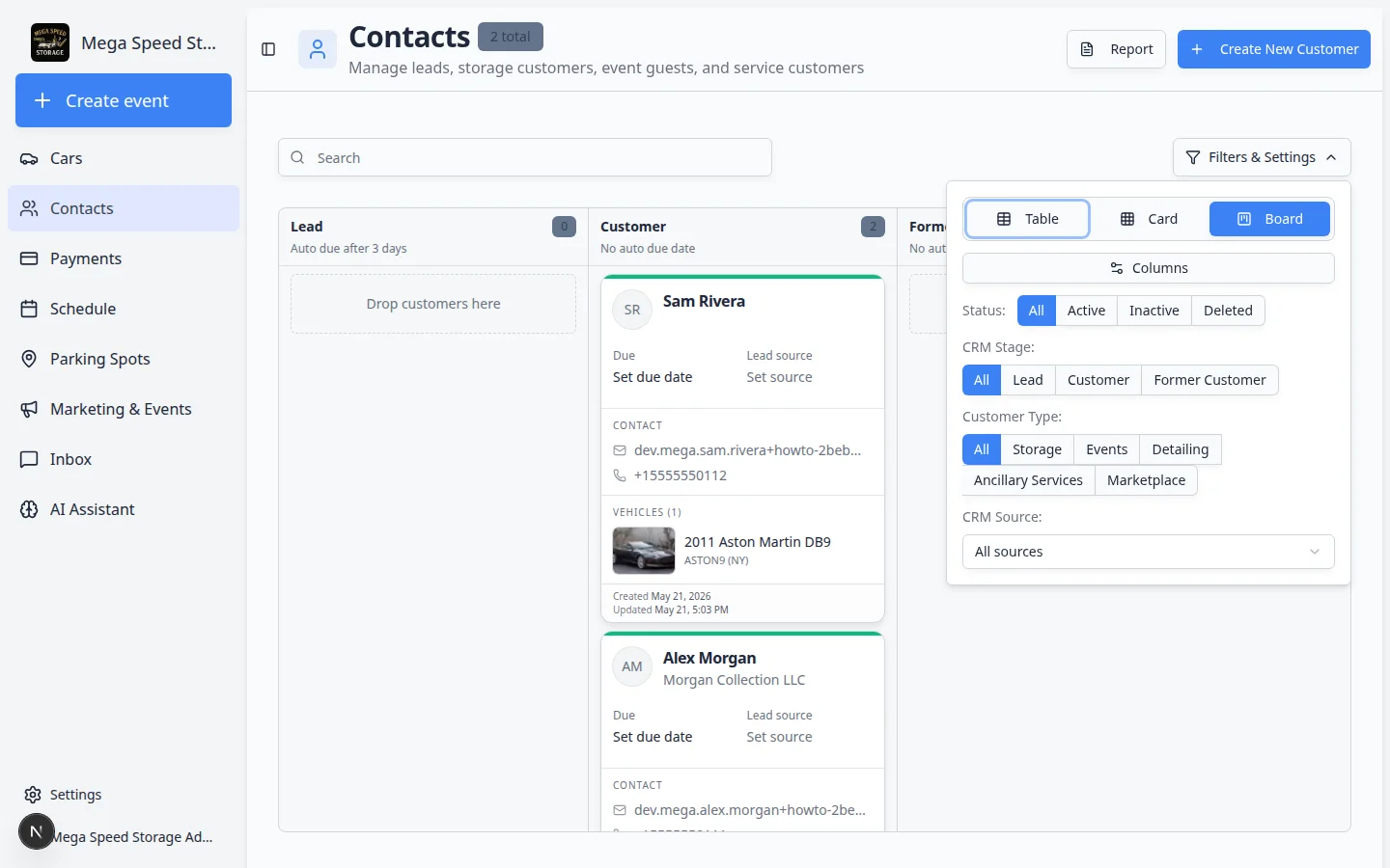 Filters and Settings panel on the Contacts page showing Table, Card, Board, columns, status, CRM stage, customer type, and source filters