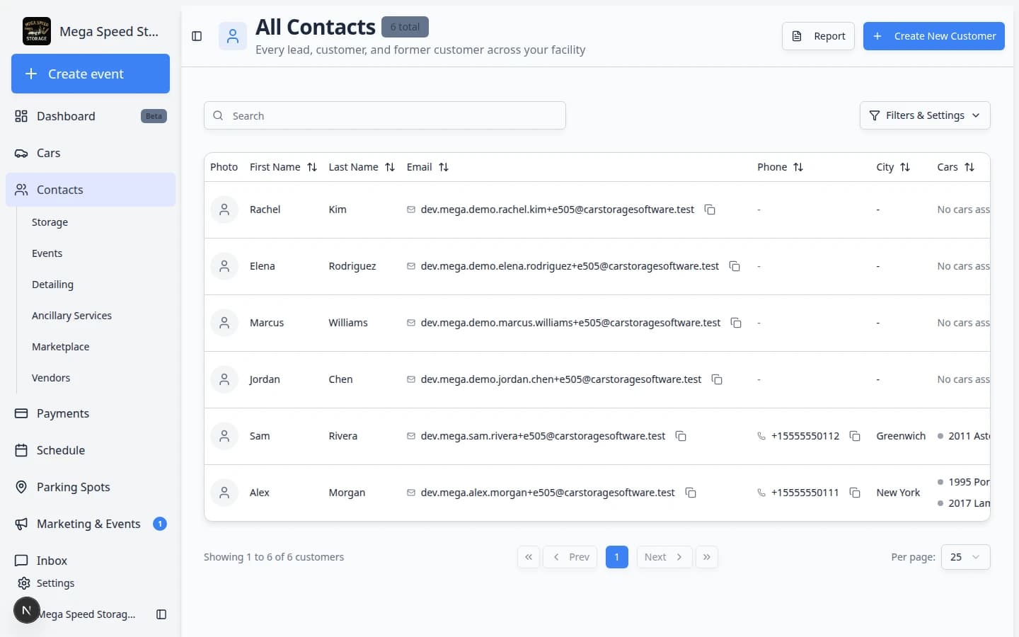 Contacts sidebar expanded showing All Contacts, Storage, Events, Detailing, Ancillary Services, Marketplace, and Vendors links