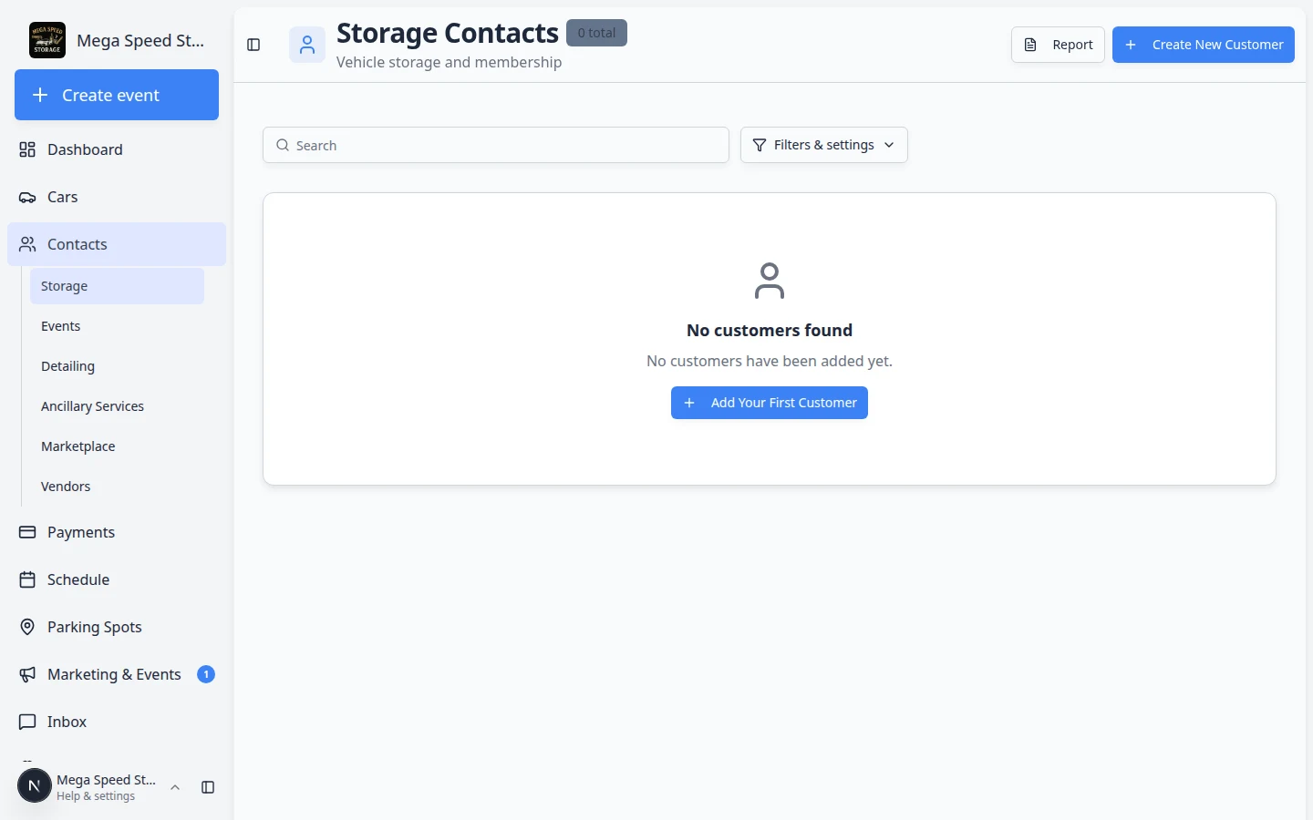 Storage contacts page showing a filtered list of storage customers with search and filters