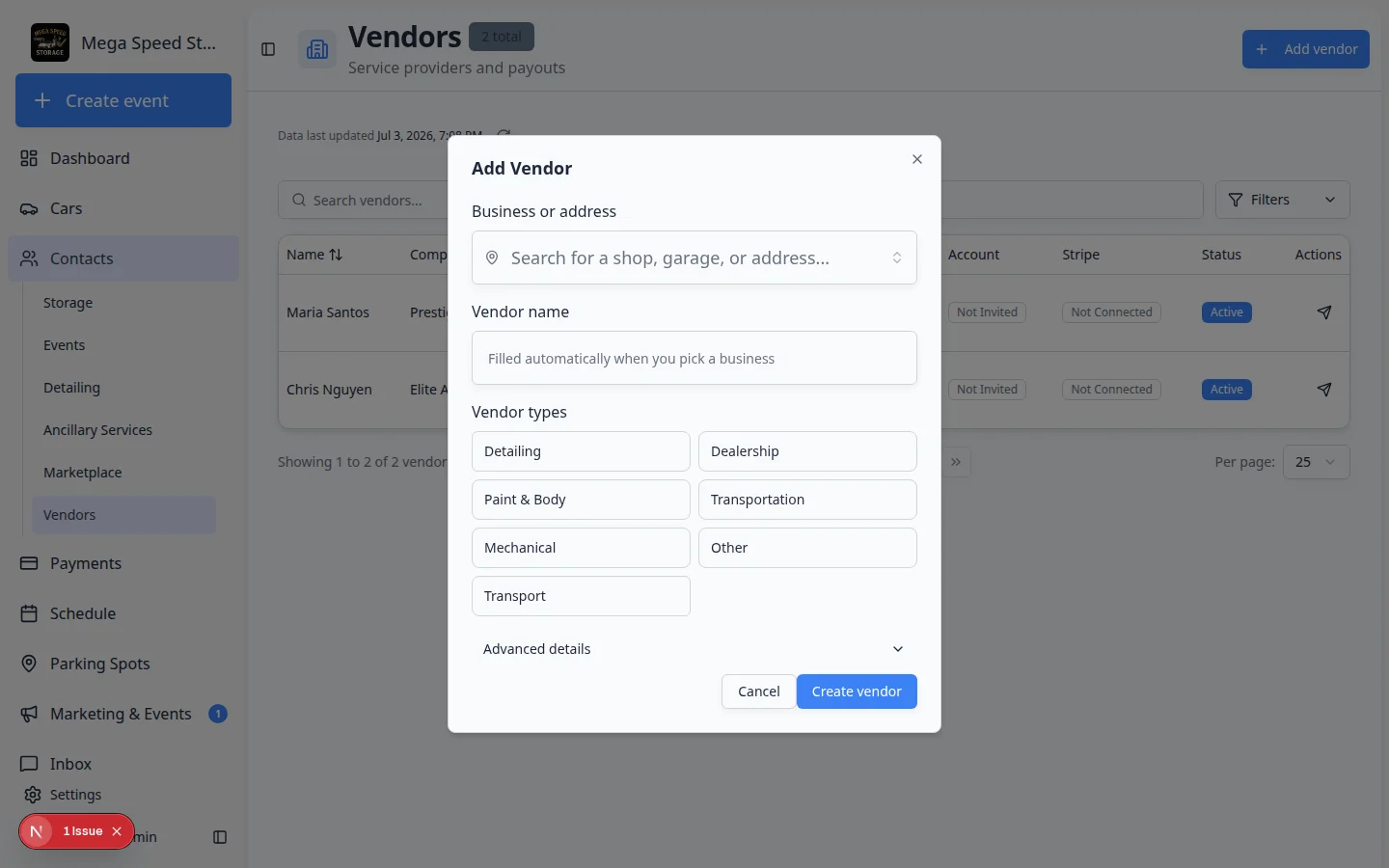 Add vendor dialog showing Company Name, contact fields, vendor type toggles, and Create vendor button