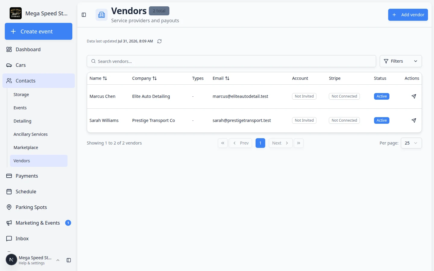 Vendors page showing a table with company names Elite Auto Detailing and Prestige Transport Co, contact emails, and Add vendor button