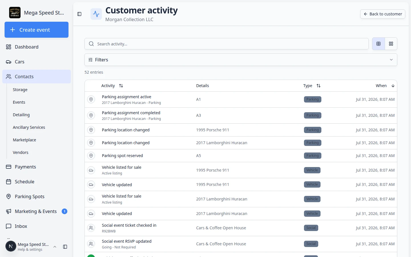 Full Customer activity page with timeline of emails, notes, billing, and CRM updates