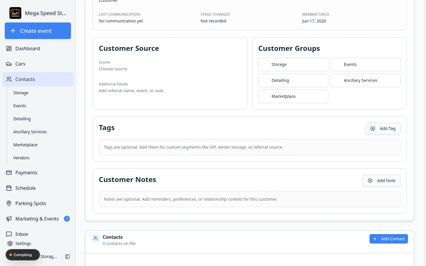 Billing Setup section on a customer detail page showing payment processing status and Add to Stripe button