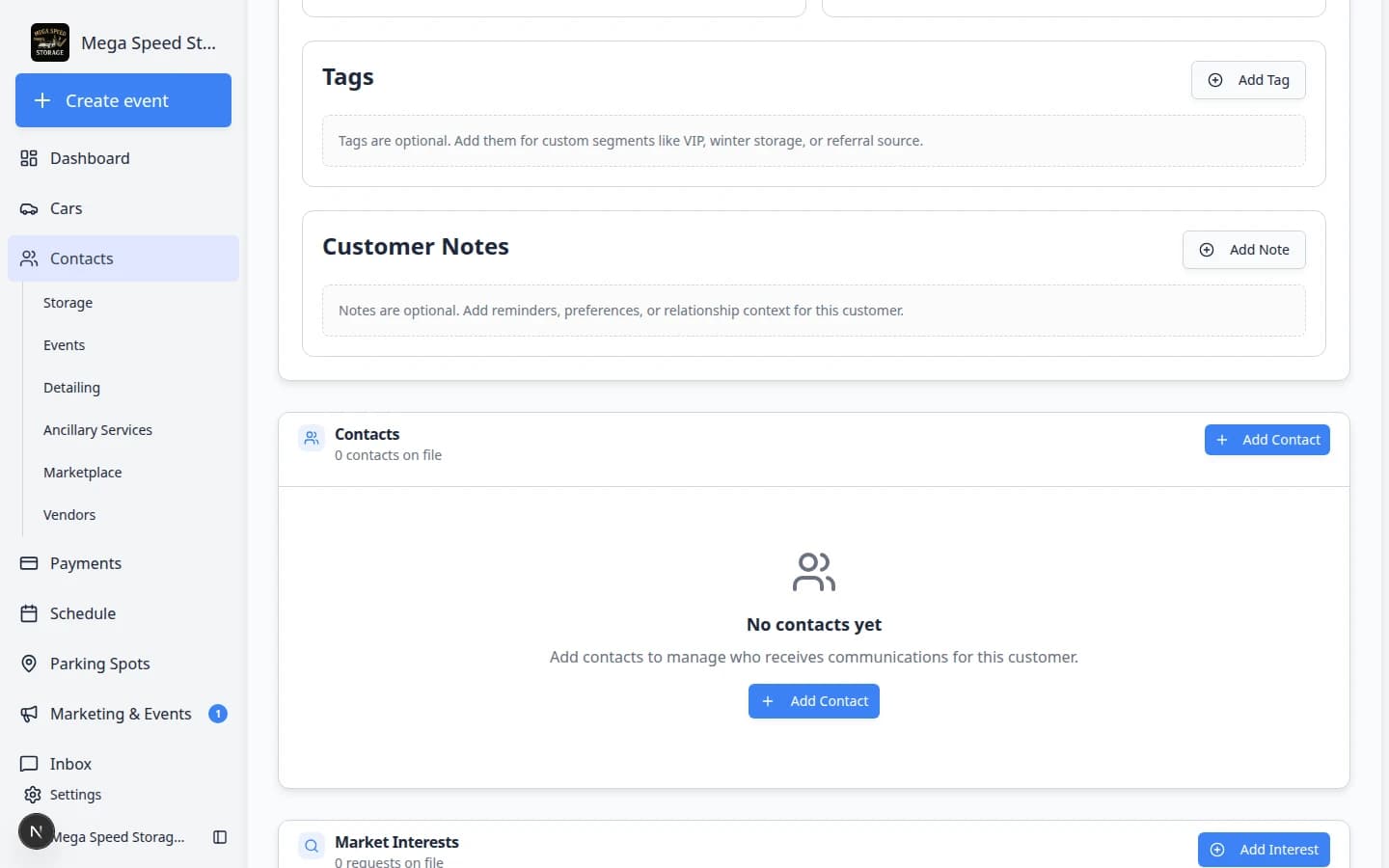 Contacts section on a customer detail page showing an additional contact named Jamie Morgan with spouse role, email, communication preferences count, and portal access