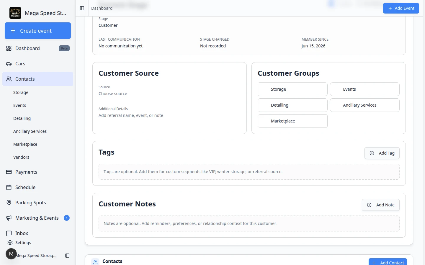CRM Information section showing Current Stage, Customer Source, Customer Groups, and Tags fields