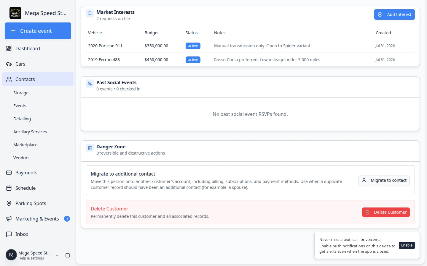 Danger Zone section at the bottom of a customer detail page showing Migrate to contact and Delete customer options