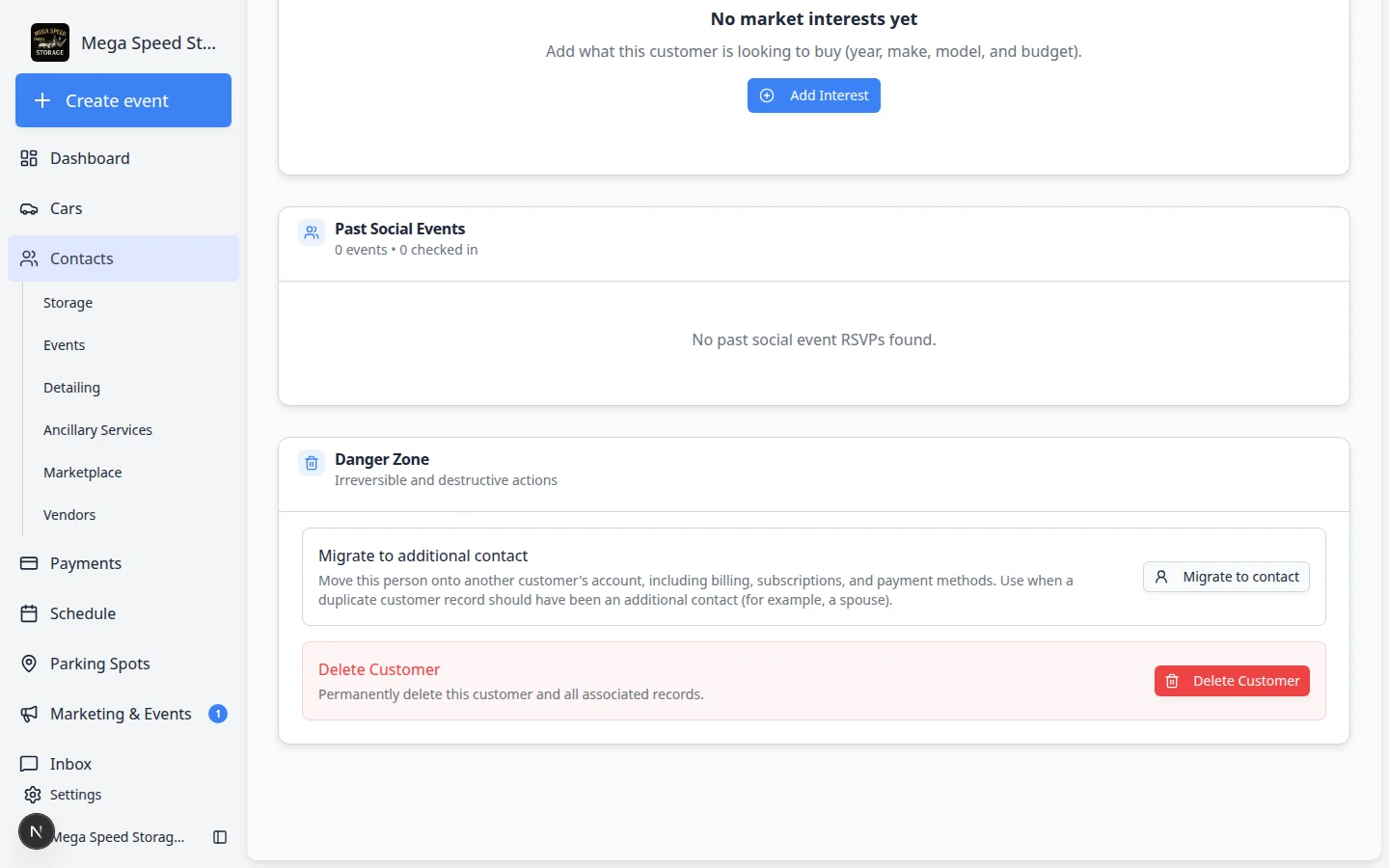 Danger Zone on customer detail page showing Migrate to additional contact and Delete Customer